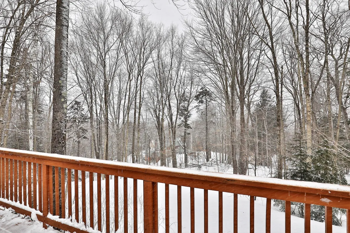 A scenic wintertime view from the deck, with a wooden railing overlooking a snow-covered landscape and bare trees. The serene outdoor setting is ideal for peaceful morning moments or evening socializing.