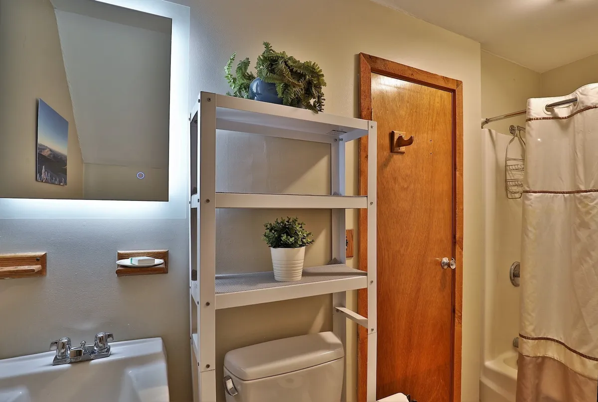 A bright, tranquil bathroom featuring a mirror, shelf with decorative plants, toilet, and a shower curtain. The space feels modern, clean, and inviting, perfect for personal routines and relaxation after a day of adventure.